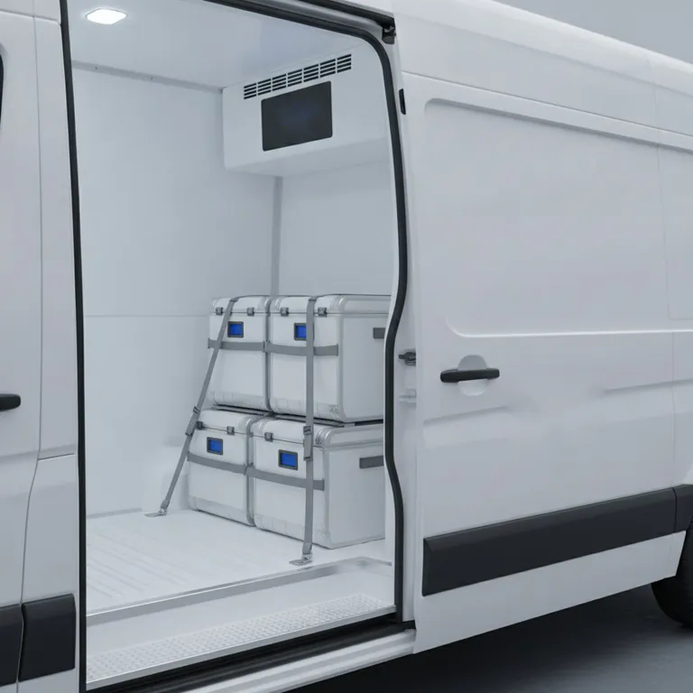 Intérieur d'un véhicule utilitaire aménagé, avec des caisses de transport médical sanglées