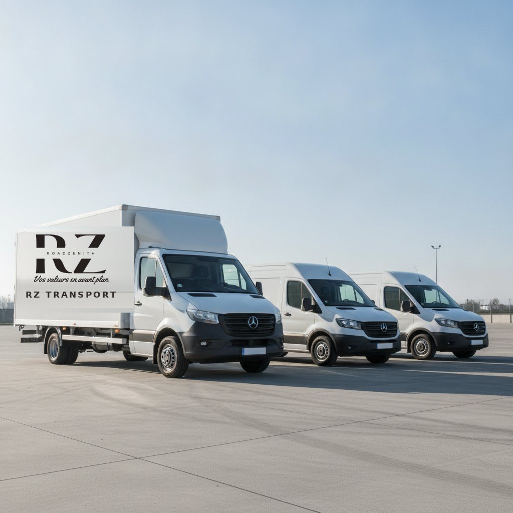 Flotte de véhicules utilitaires RZ Transport alignés au dépôt