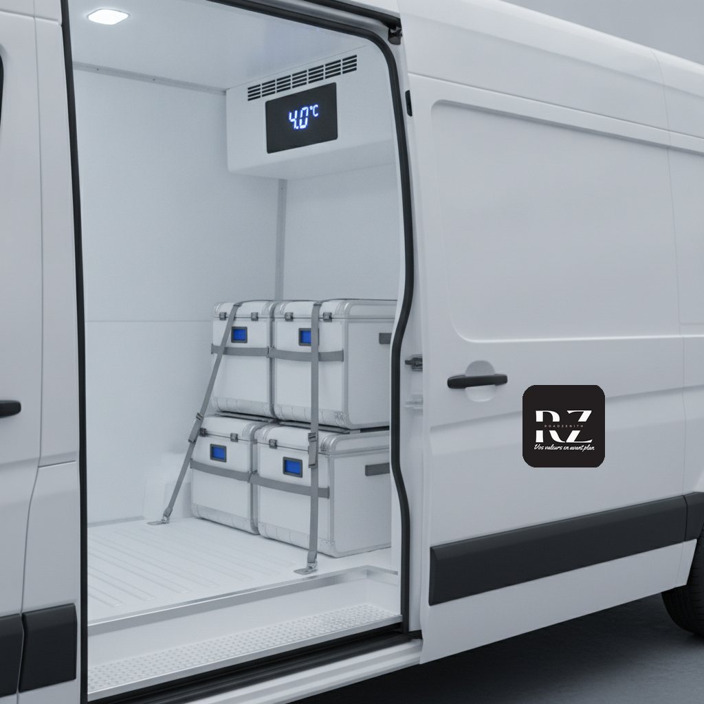Intérieur d'un véhicule frigorifique RZ Transport à 4 degrés avec caisses de transport médical sanglées